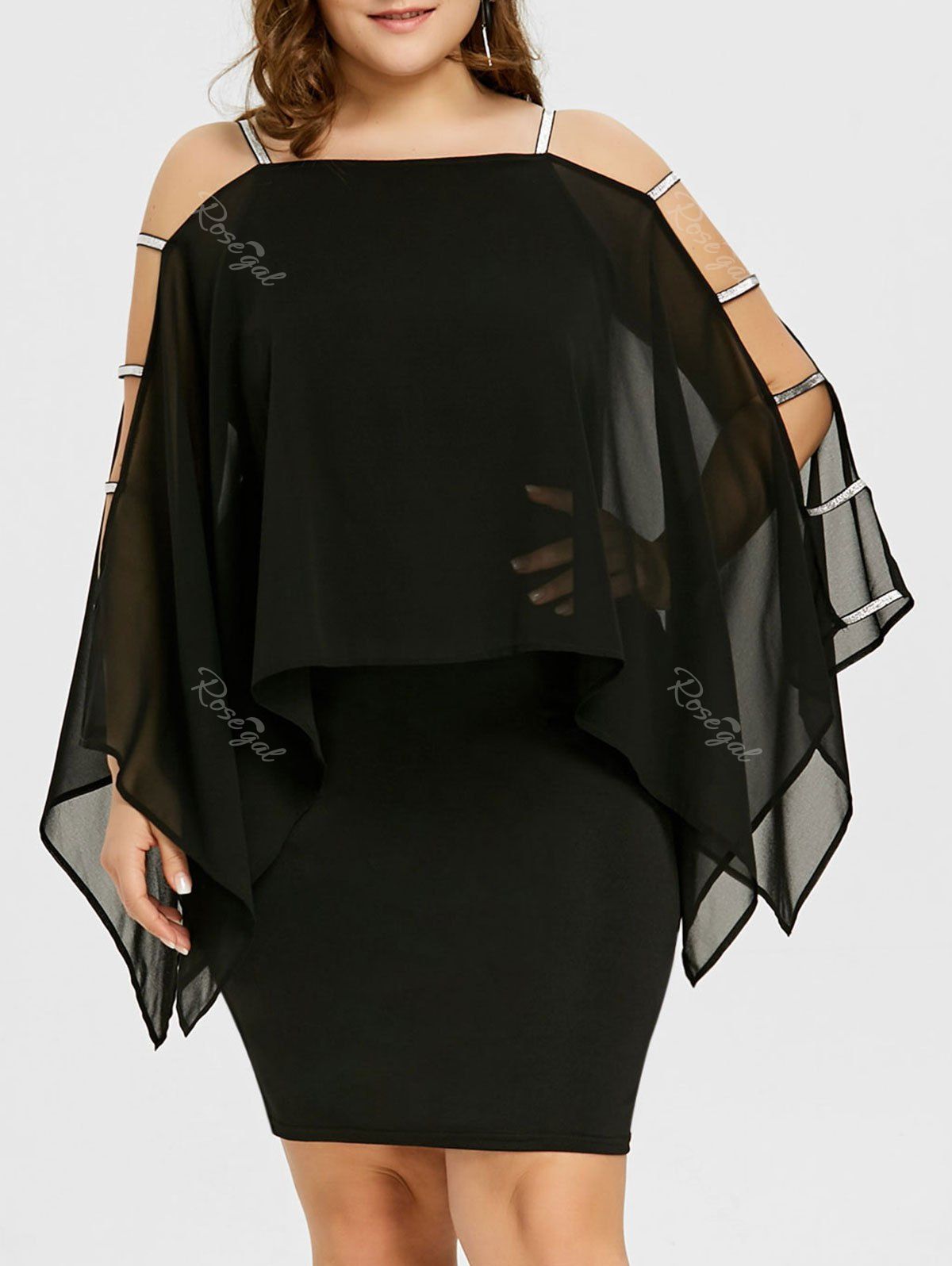 

Plus Size Ladder Cut Sheer Capelet Dress, Black