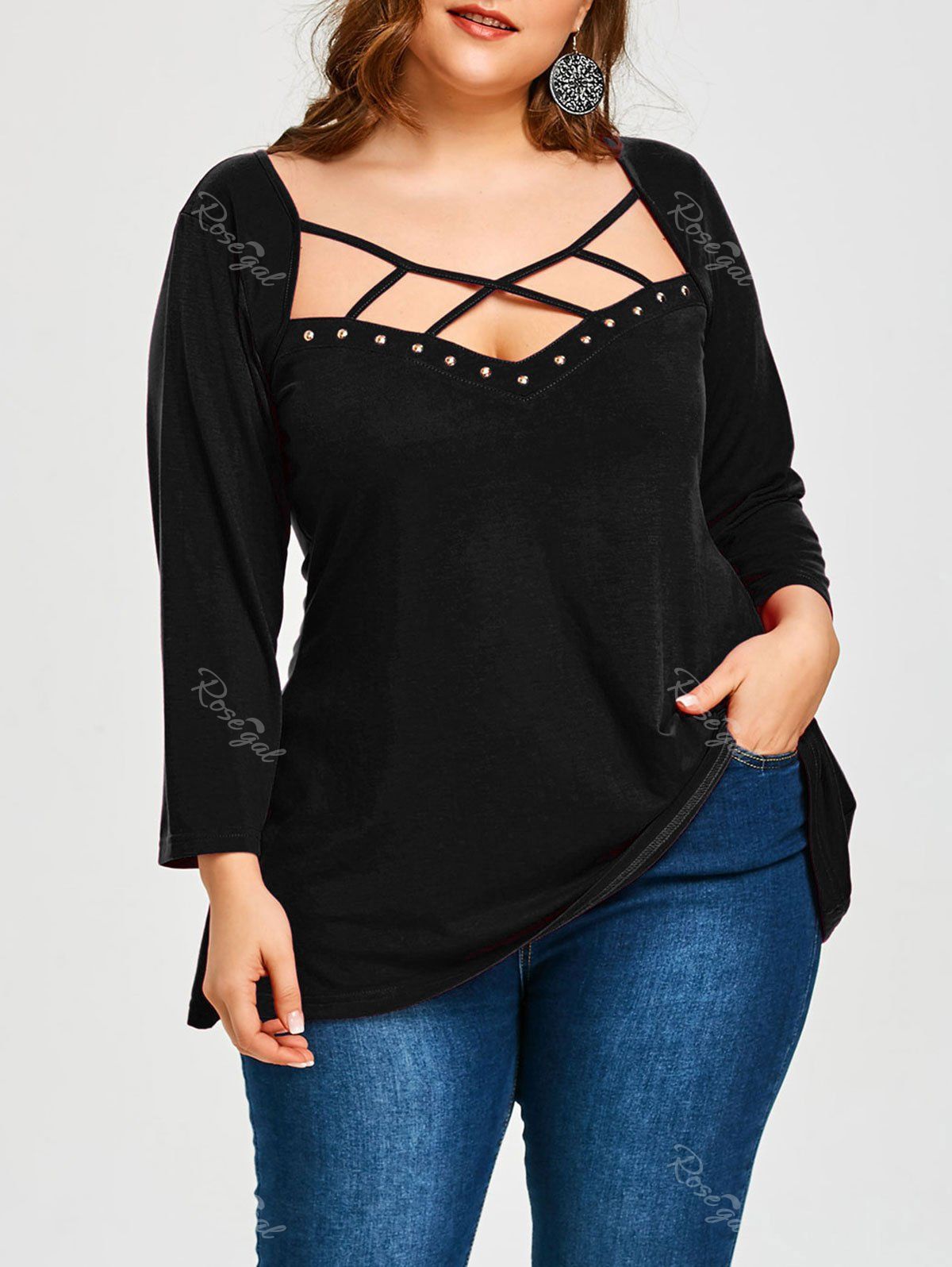 

Plus Size Lattice Cut Tunic T-shirt, Black