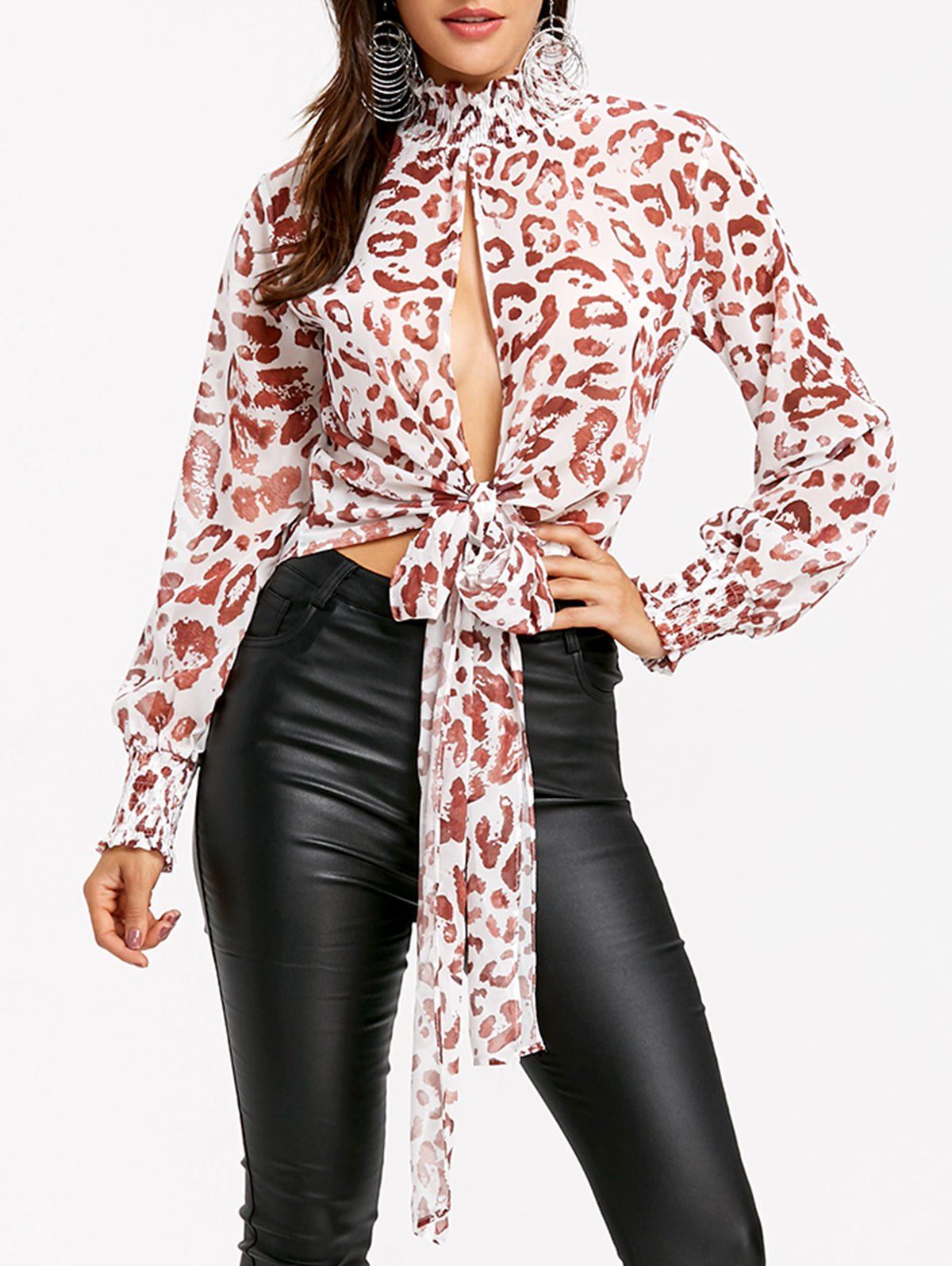 

Self Tie Bowknot Leopard Print Blouse