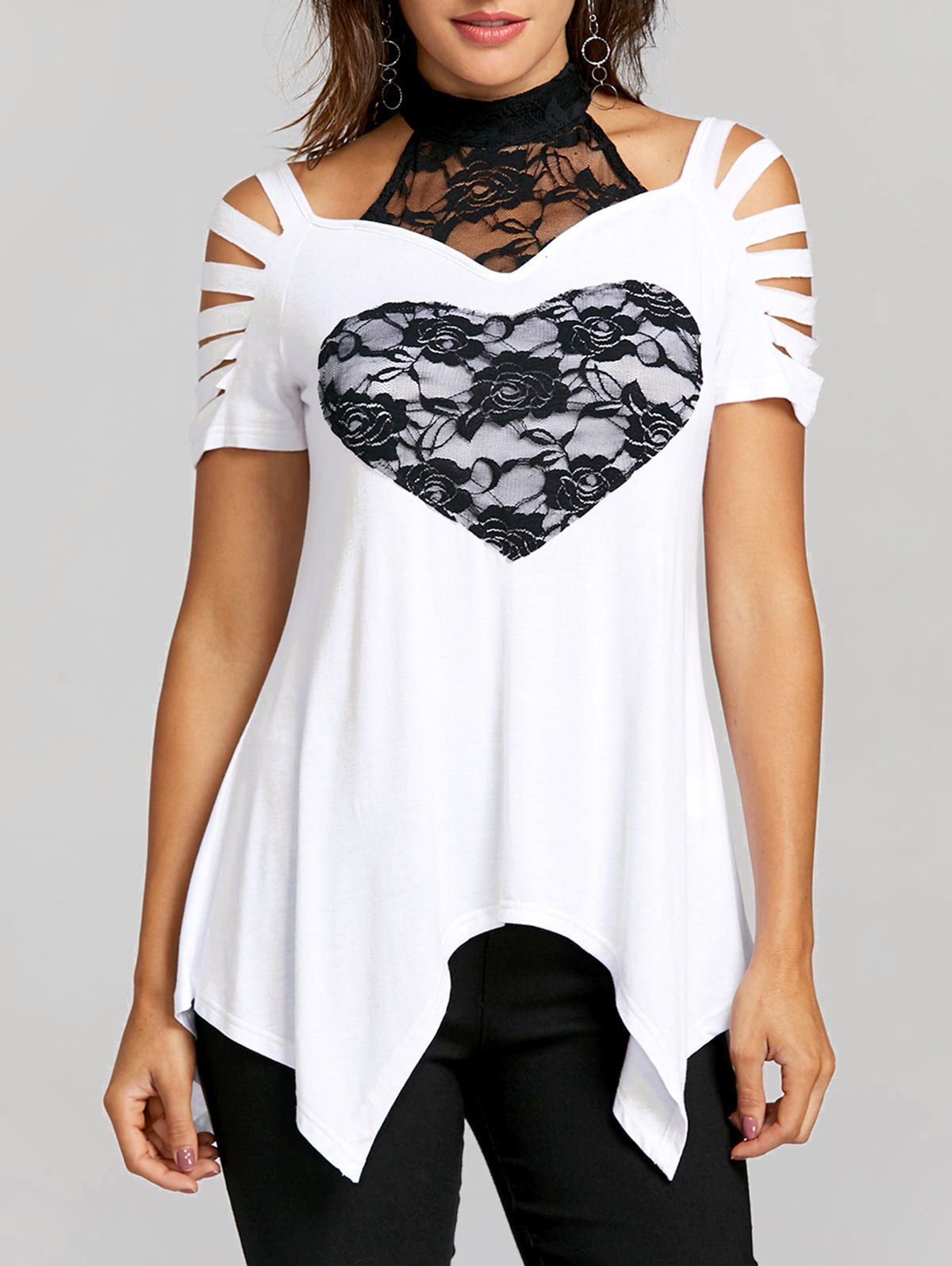 

Lace Heart Ripped T-shirt, White and black