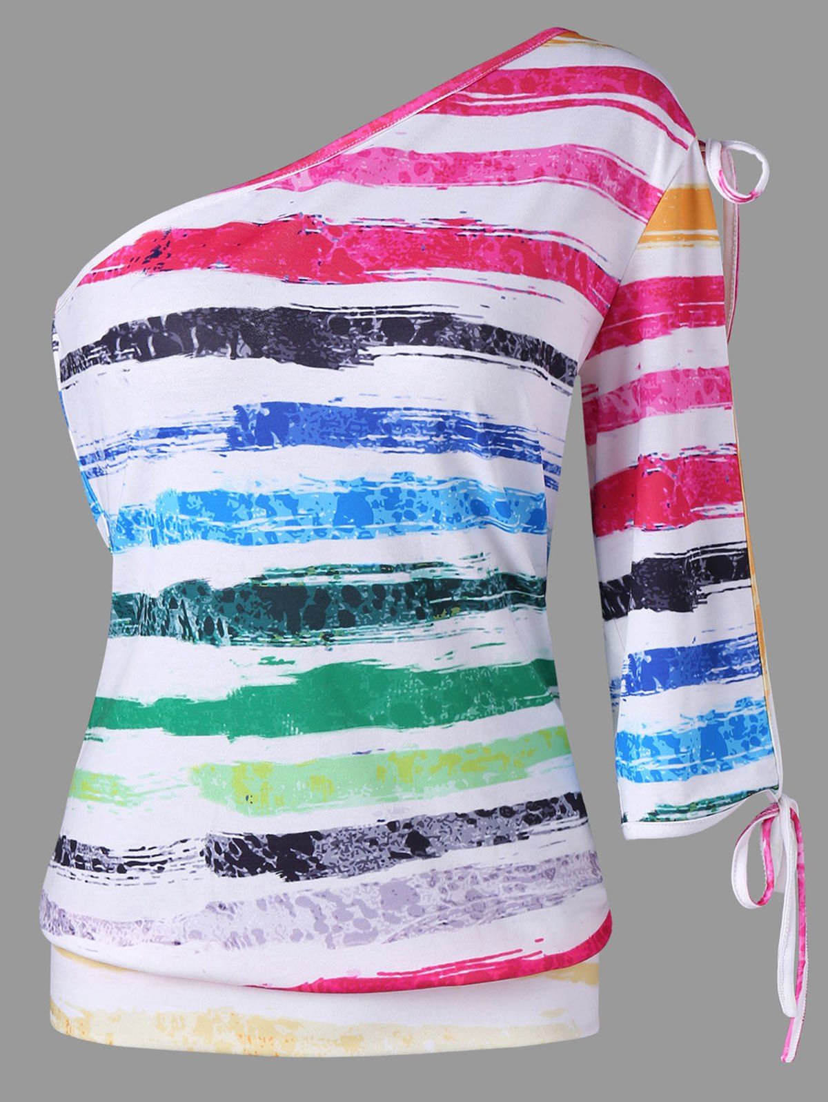 

One Shoulder Rainbow Striped T-shirt, Colormix