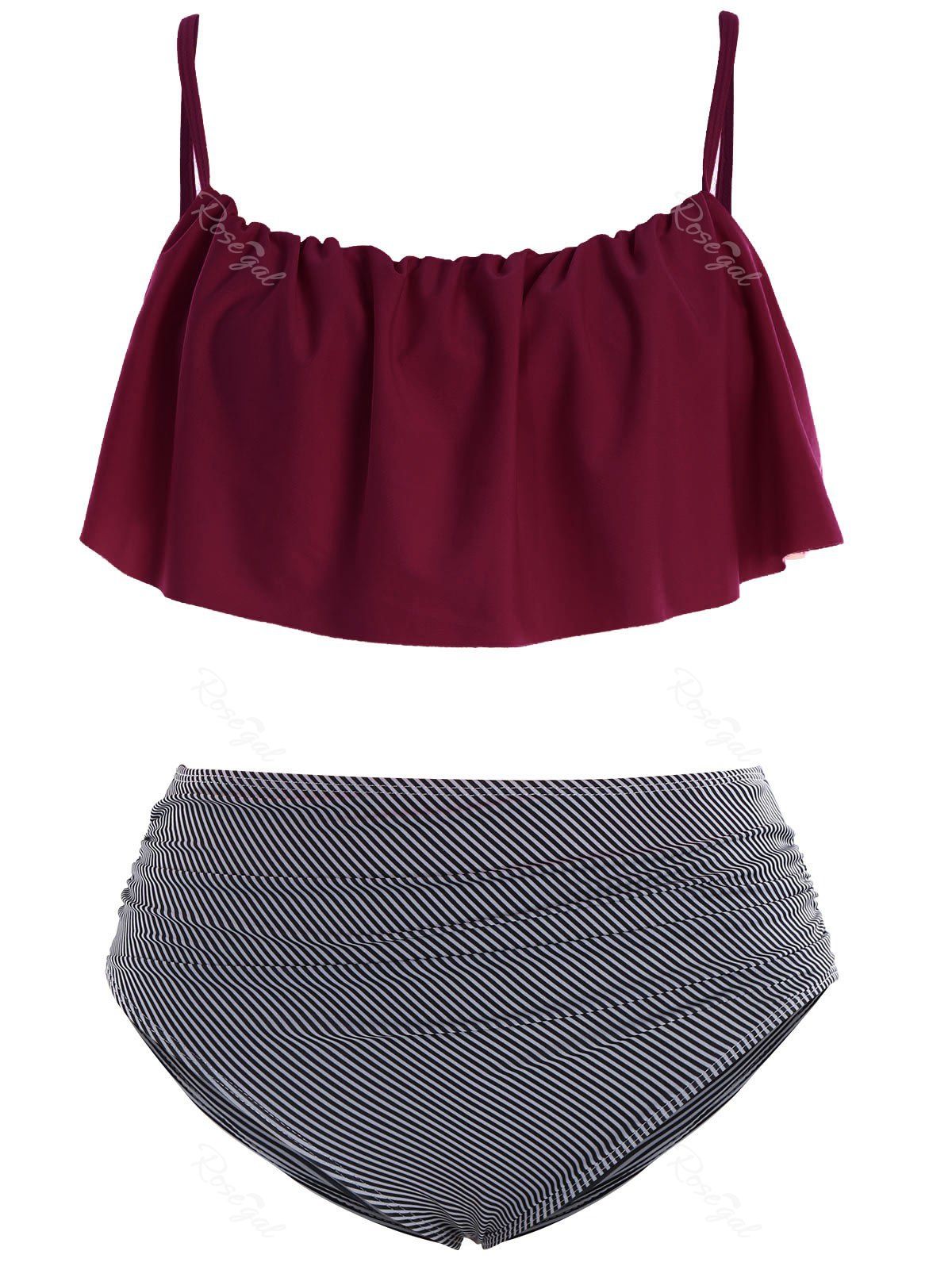 

Plus Size Padded Stripe Flounce High Waist Bikini Bathing Suit, Red wine