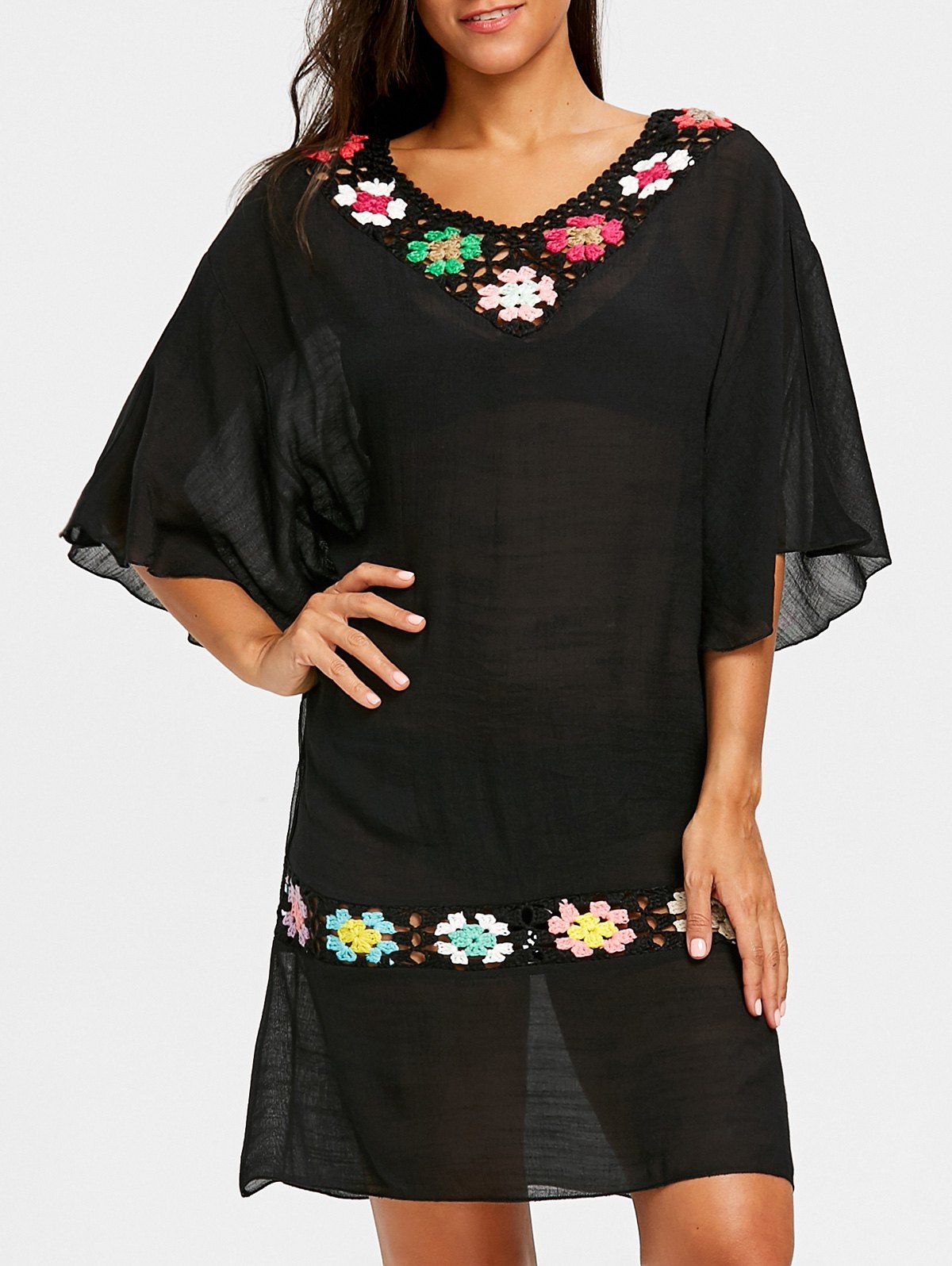 

Crochet Flutter Sleeve Beach Cover-up, Black