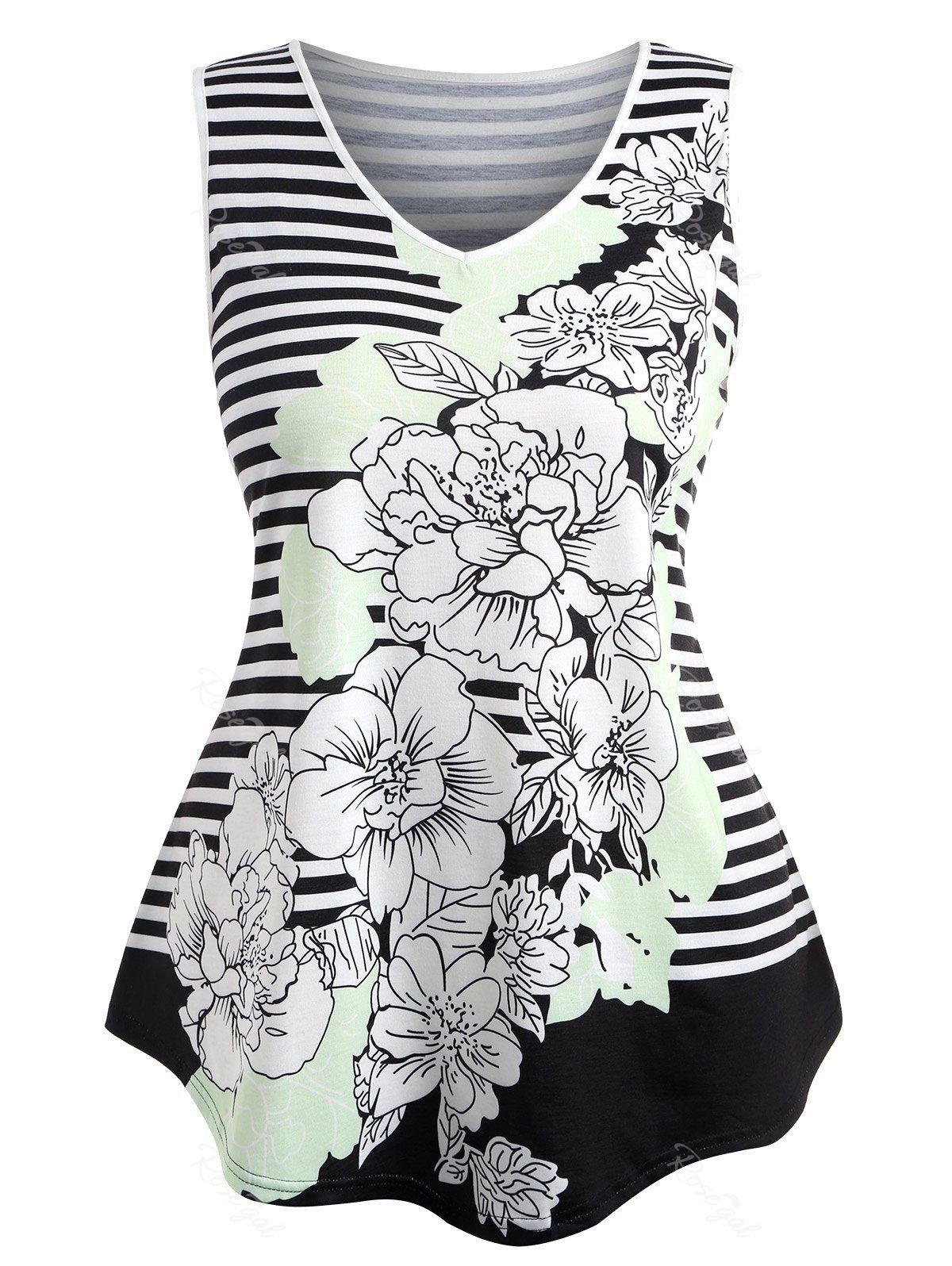 

Plus Size V Neck Striped Floral Top, Black