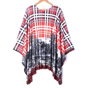 

Oversized Batwing Sleeve Plaid Printed Handkerchief Top, Colormix