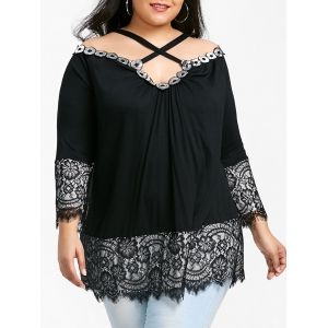 

Criss Cross Lace Trim Plus Size Tunic Top, Black