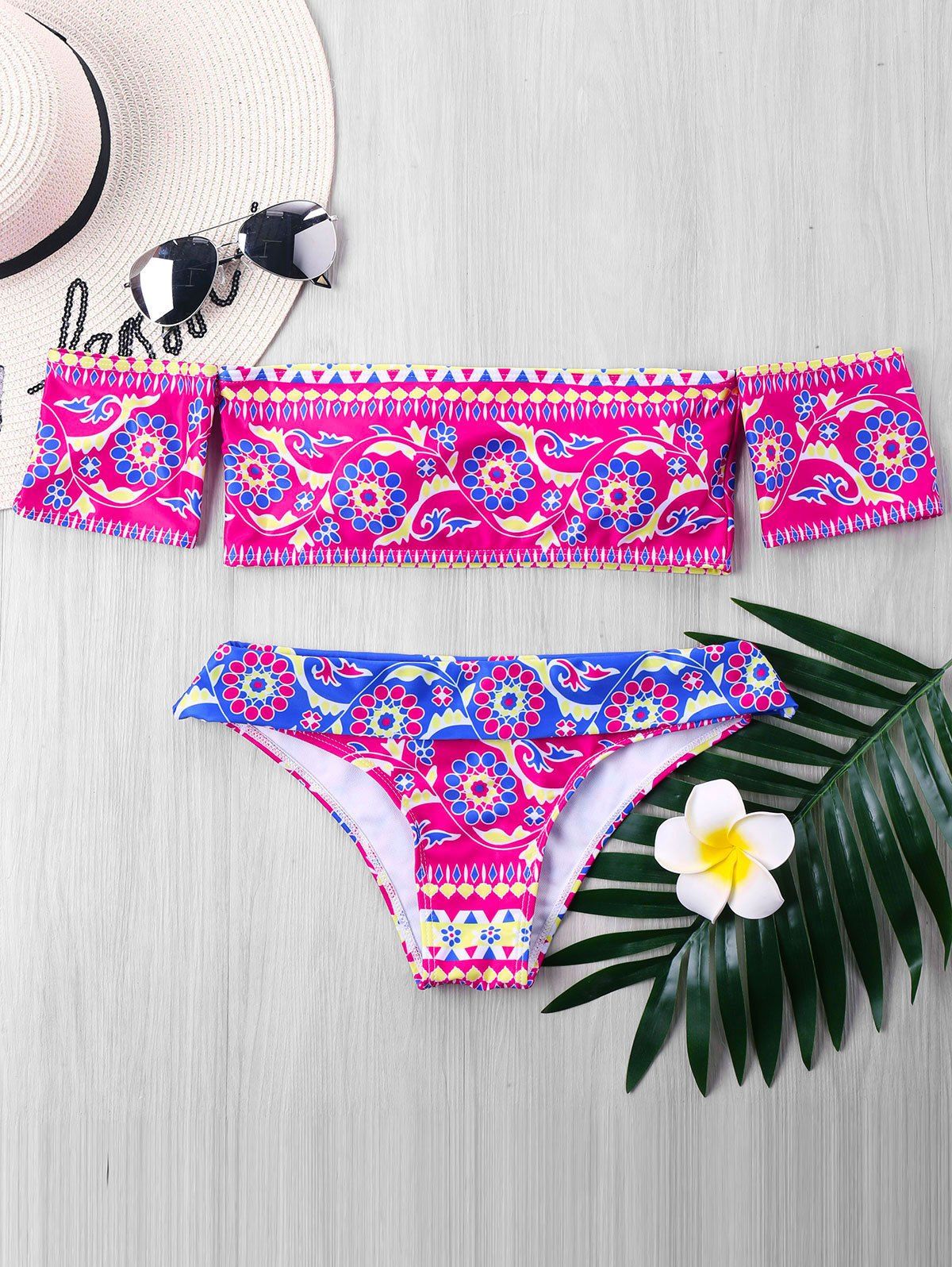 

Tiny Floral Off The Shoulder Foldover Bikini Swimsuit, Deep pink