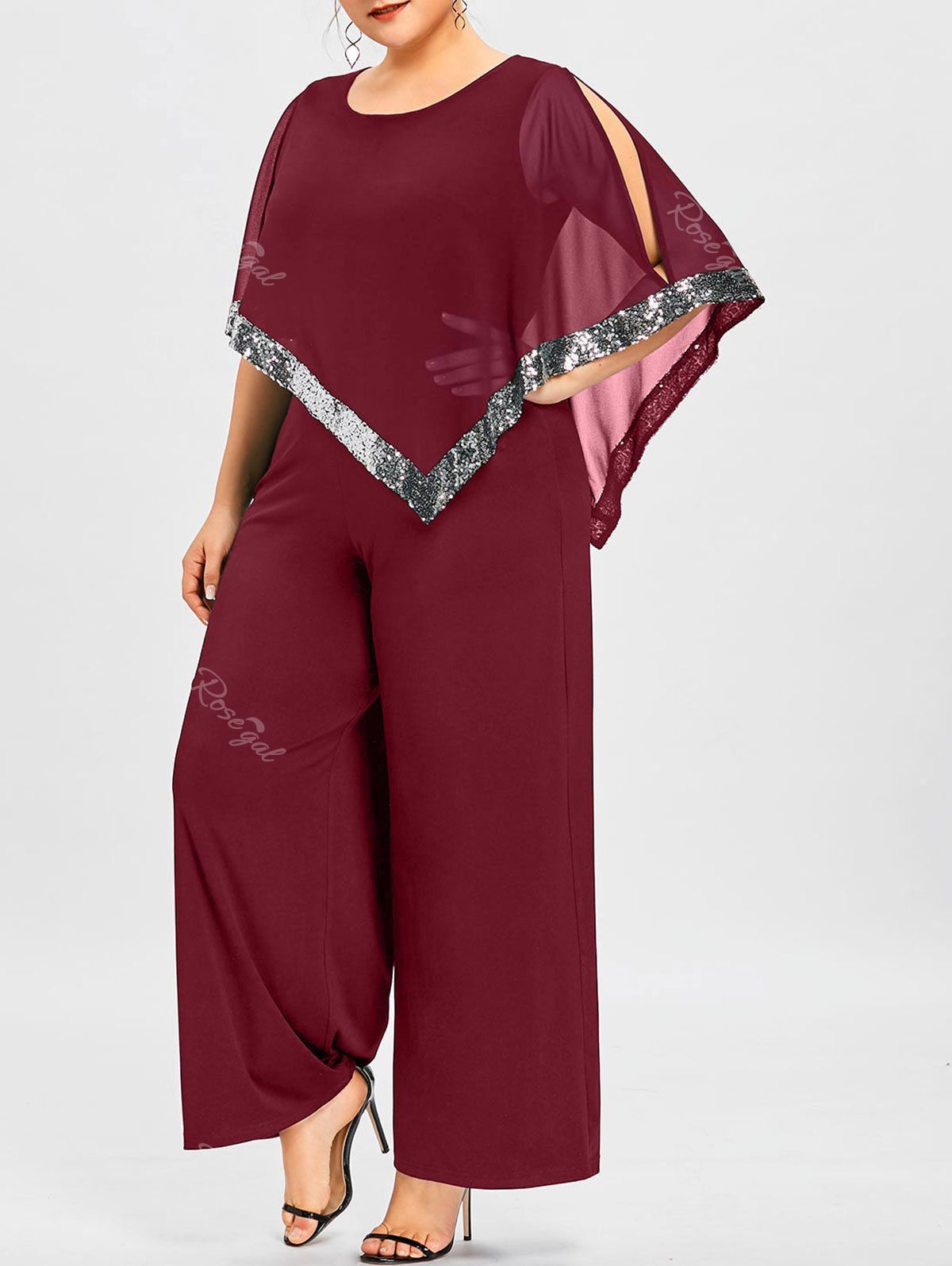 

Plus Size Slit Sleeve Wide Leg Jumpsuit, Wine red