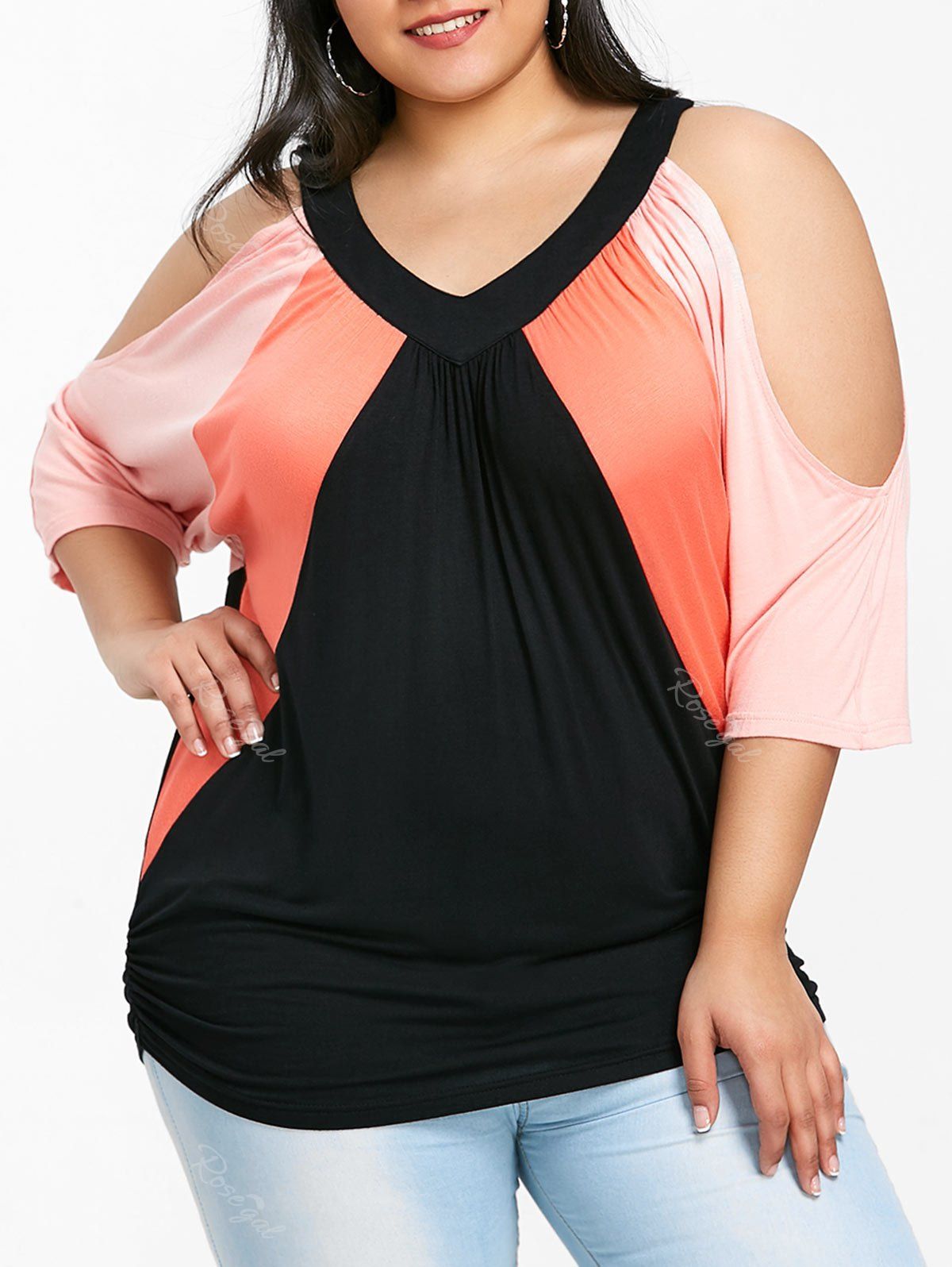 

Three Tones Plus Size Cold Shoulder T-shirt, Black