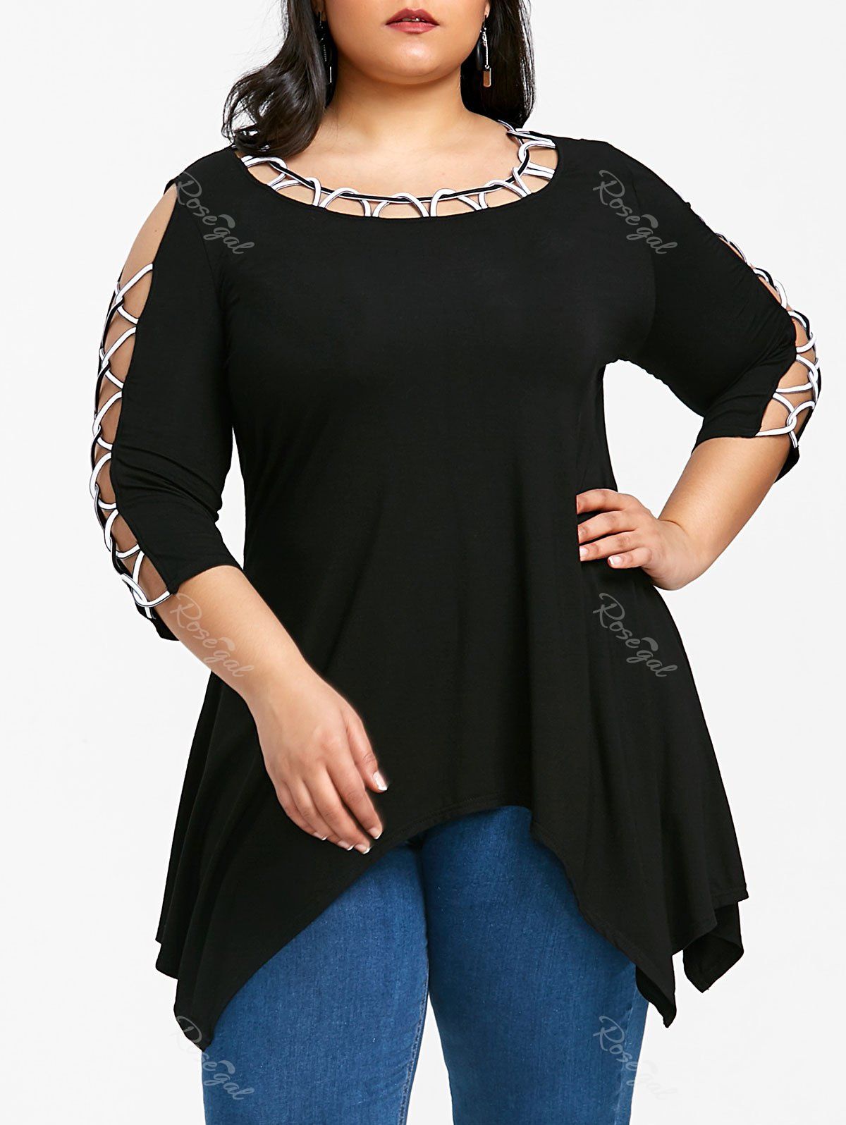 

Plus Size Contrast Lace Up Tunic T-shirt, Black