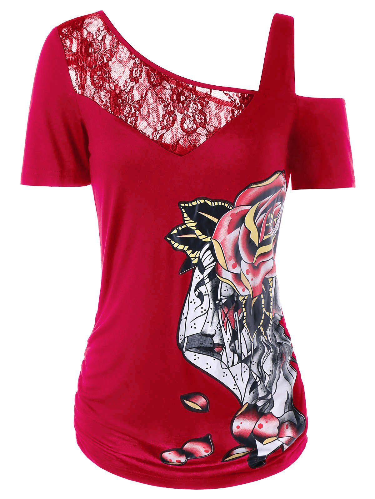

Lace Trim Print Cold Shoulder T-shirt, Red