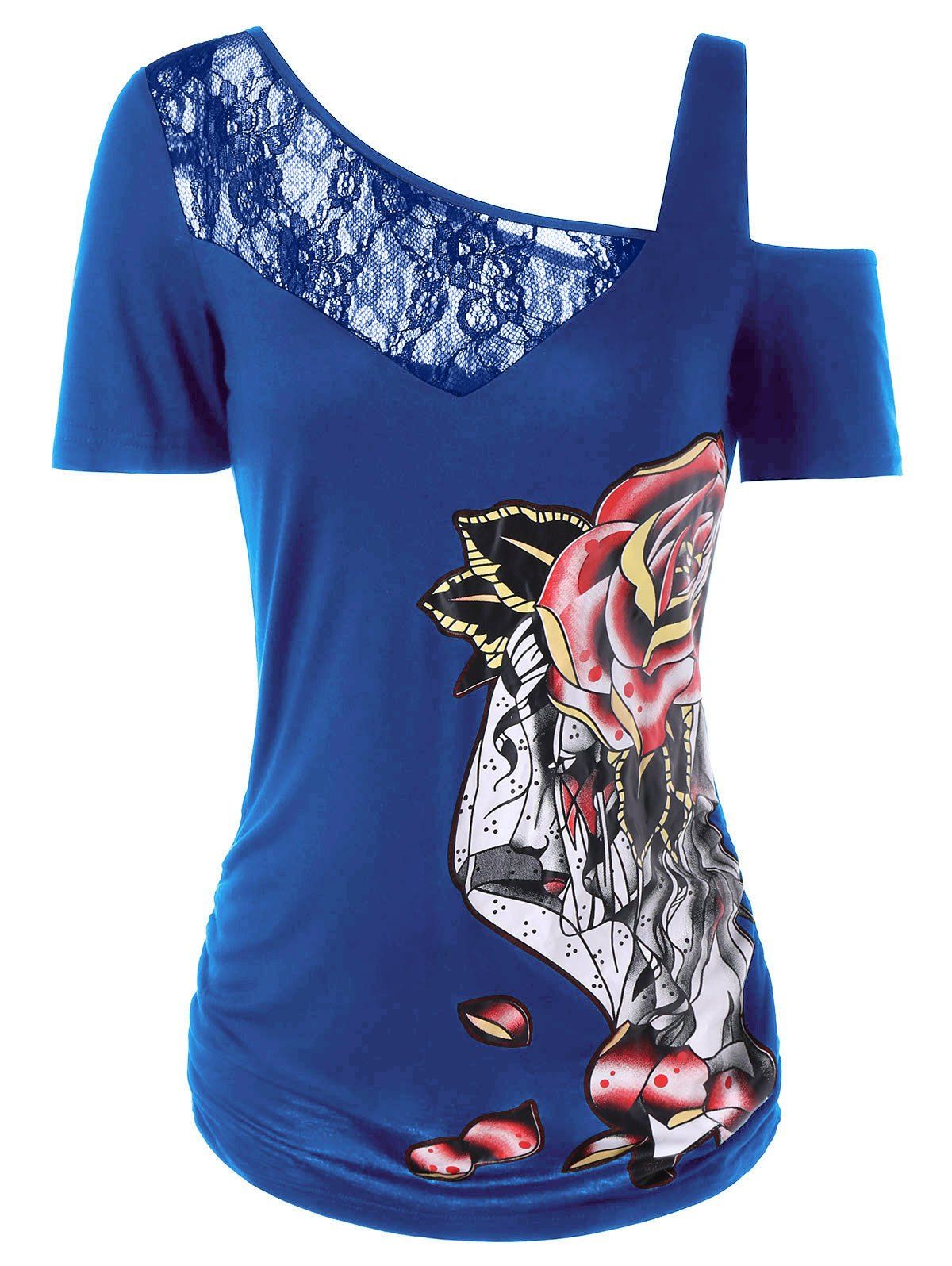 

Lace Trim Print Cold Shoulder T-shirt, Blue