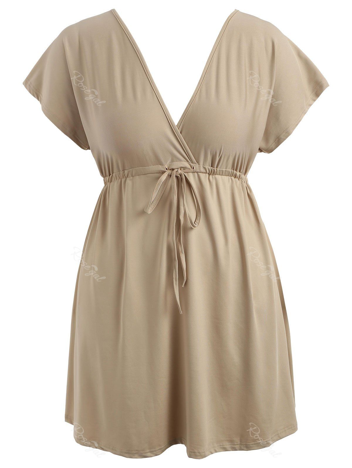 

Drawstring Waist Plus Size Plunge Mini Dress, Apricot