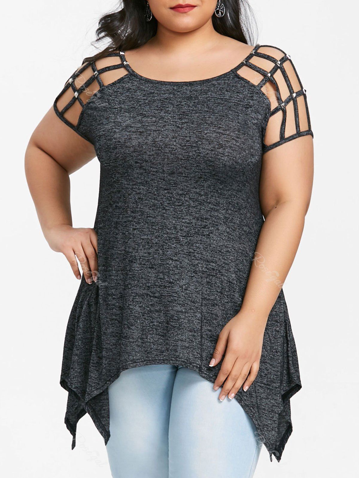 

Plus Size Cutout Shoulder Handkerchief T-shirt, Dark gray
