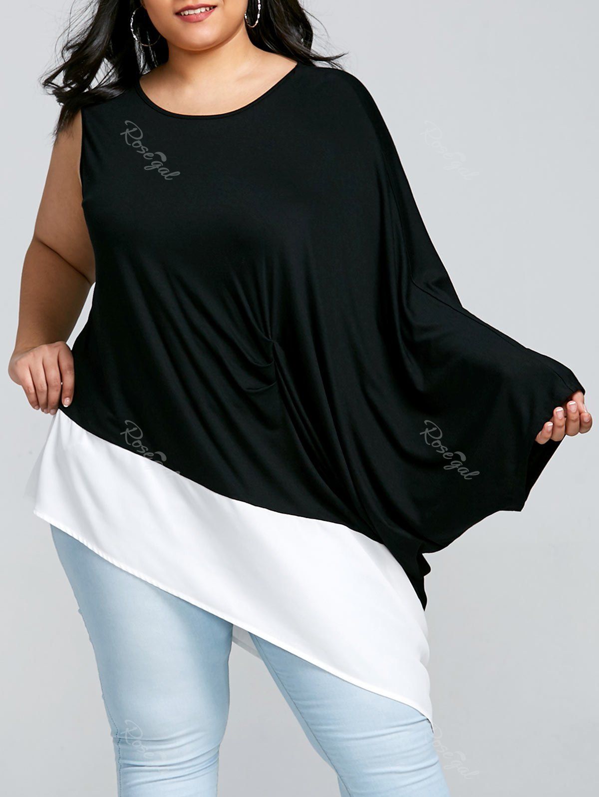 

Plus Size Two Tone One Shoulder T-shirt, Black