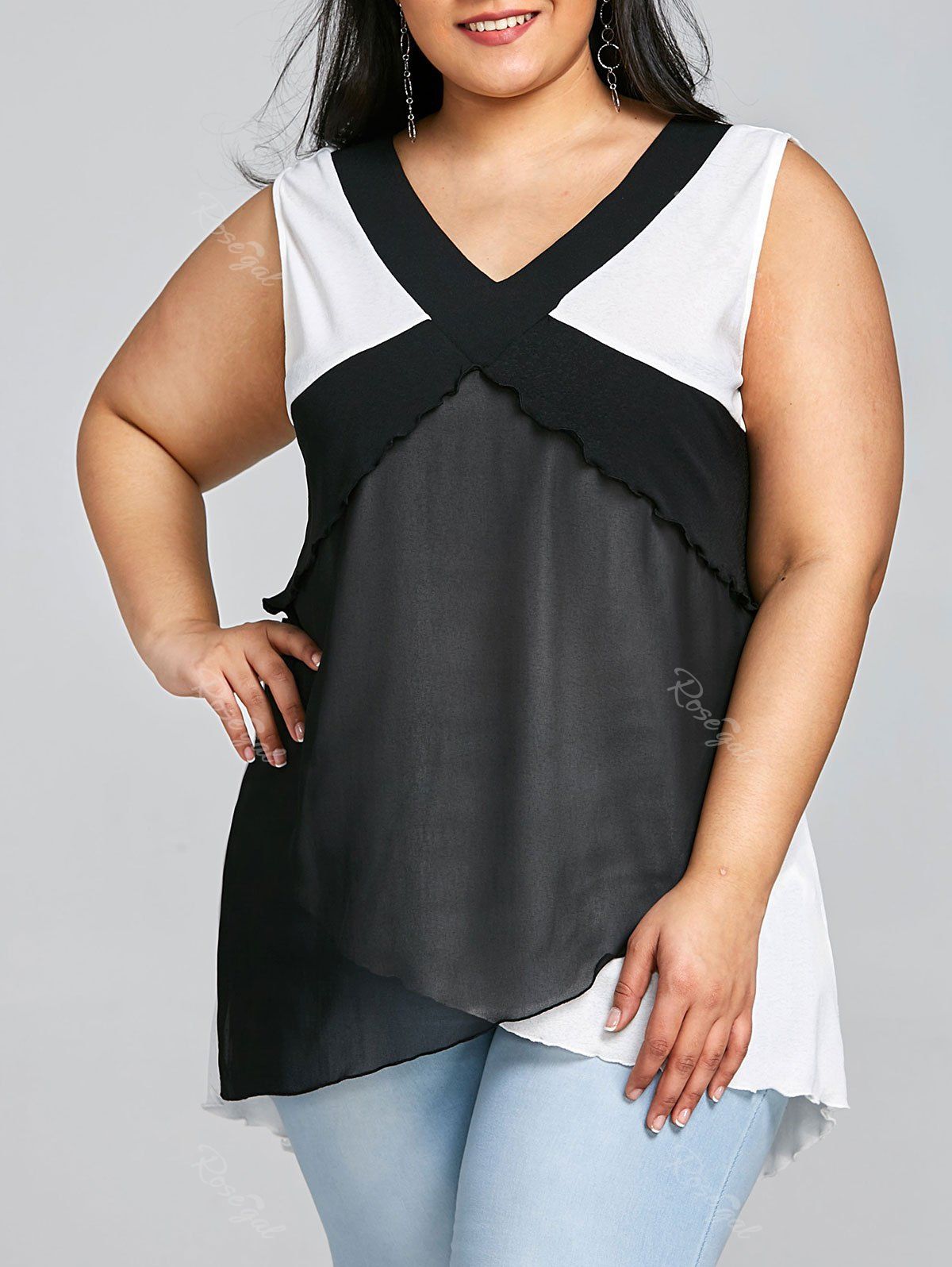 

Plus Size V Neck Overlap Tank Top, Black