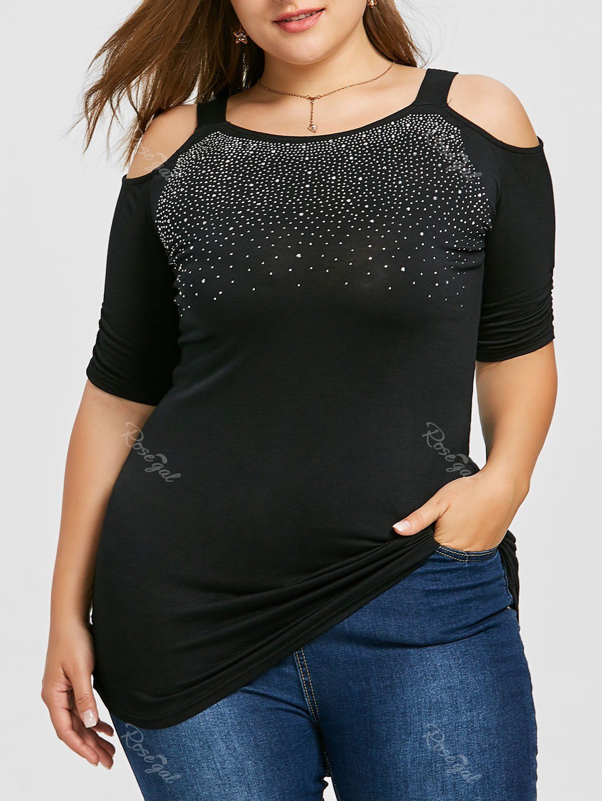 

Plus Size Embellished Cold Shoulder T-shirt, Black