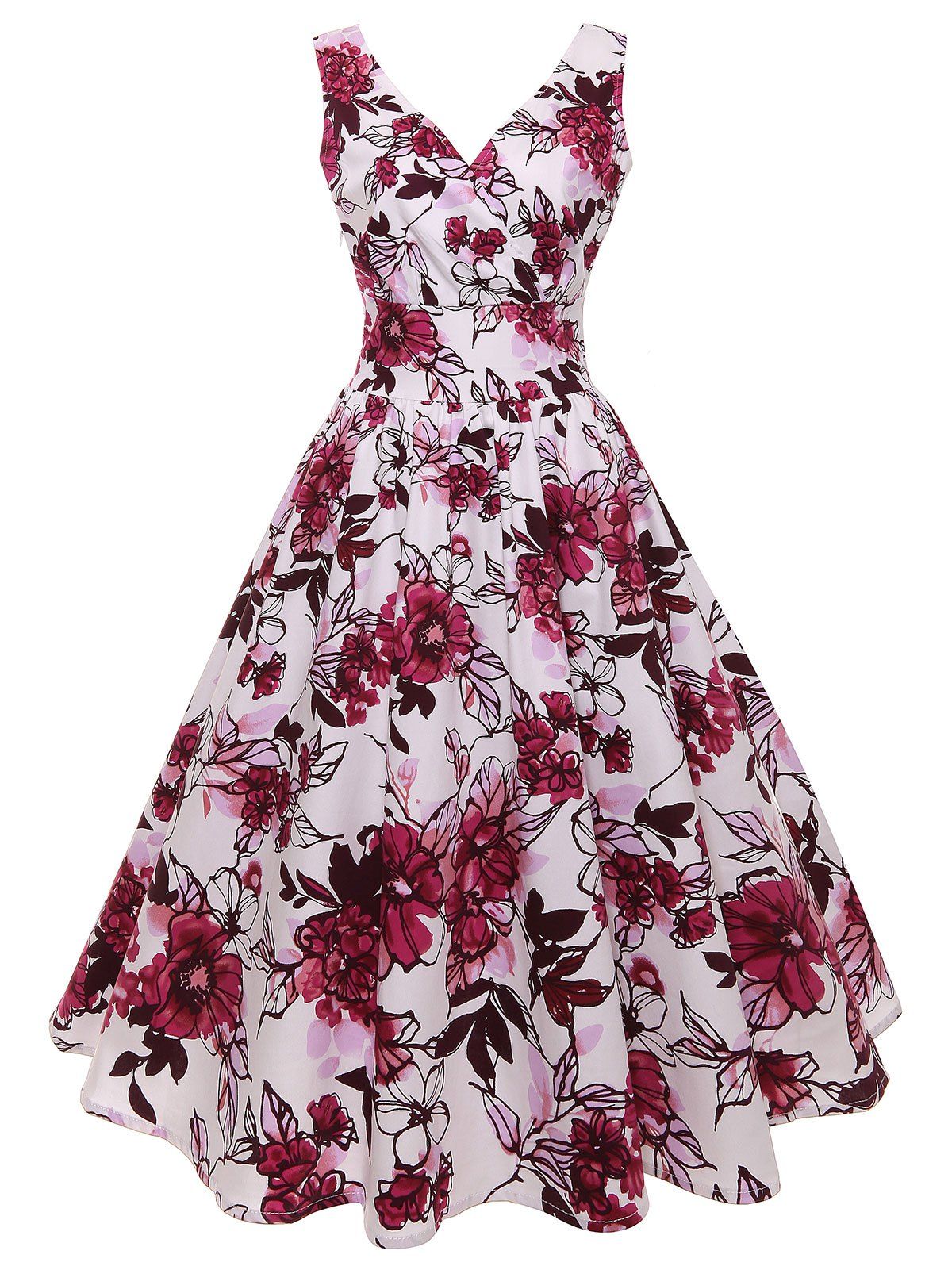 

Floral V Neck Fit and Flare Dress, Rose red