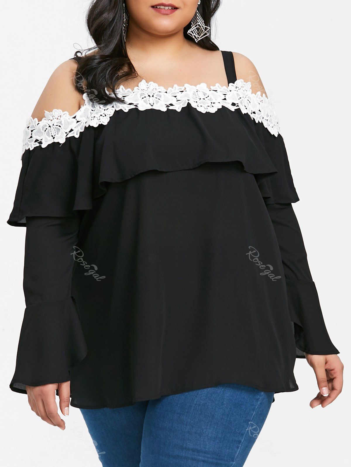 

Plus Size Long Sleeve Cold Shoulder T-shirt, Black