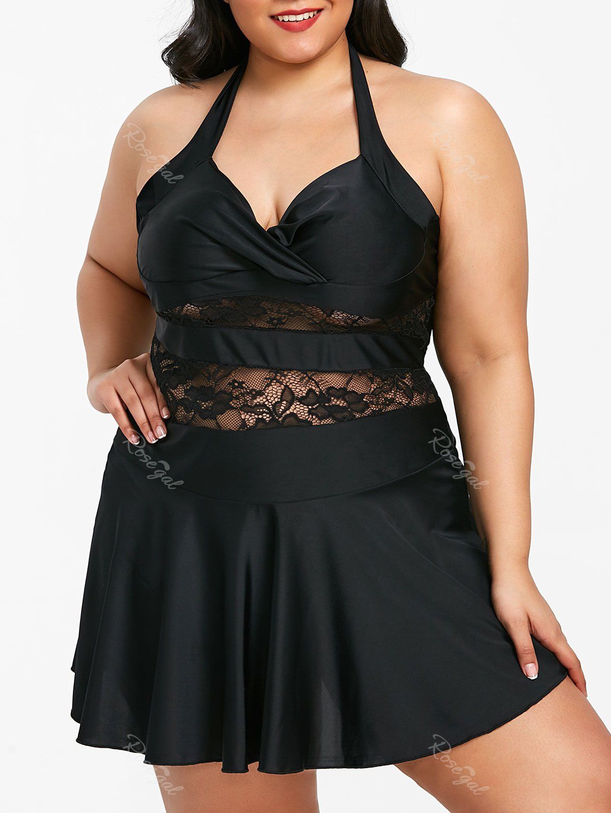 

Plus Size Lace Insert Halter Tankini Set, Black