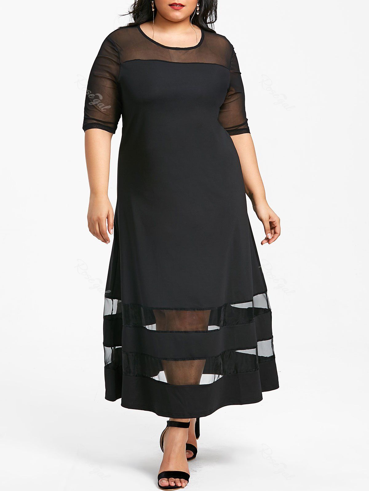 

Round Neck Plus Size Mesh Panel Longline Dress, Black