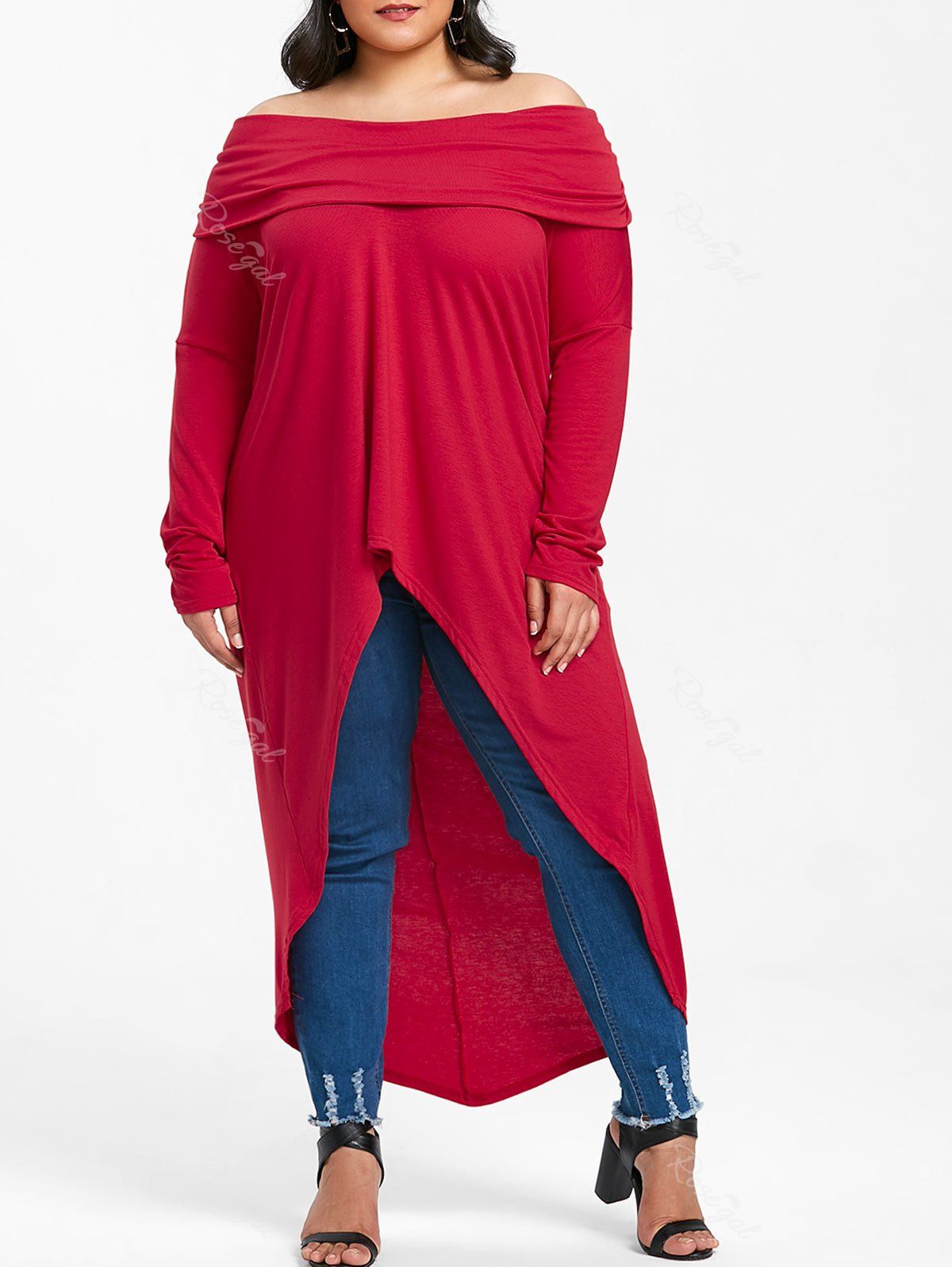 

Plus Size High Low Off Shoulder T-shirt, Red