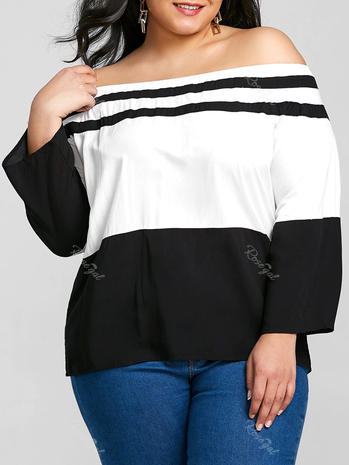 

Color Block Plus Size Off The Shoulder T-shirt, Black