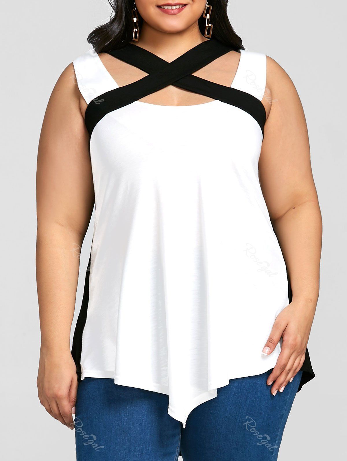

Plus Size Color Block Criss Cross Tank Top, White