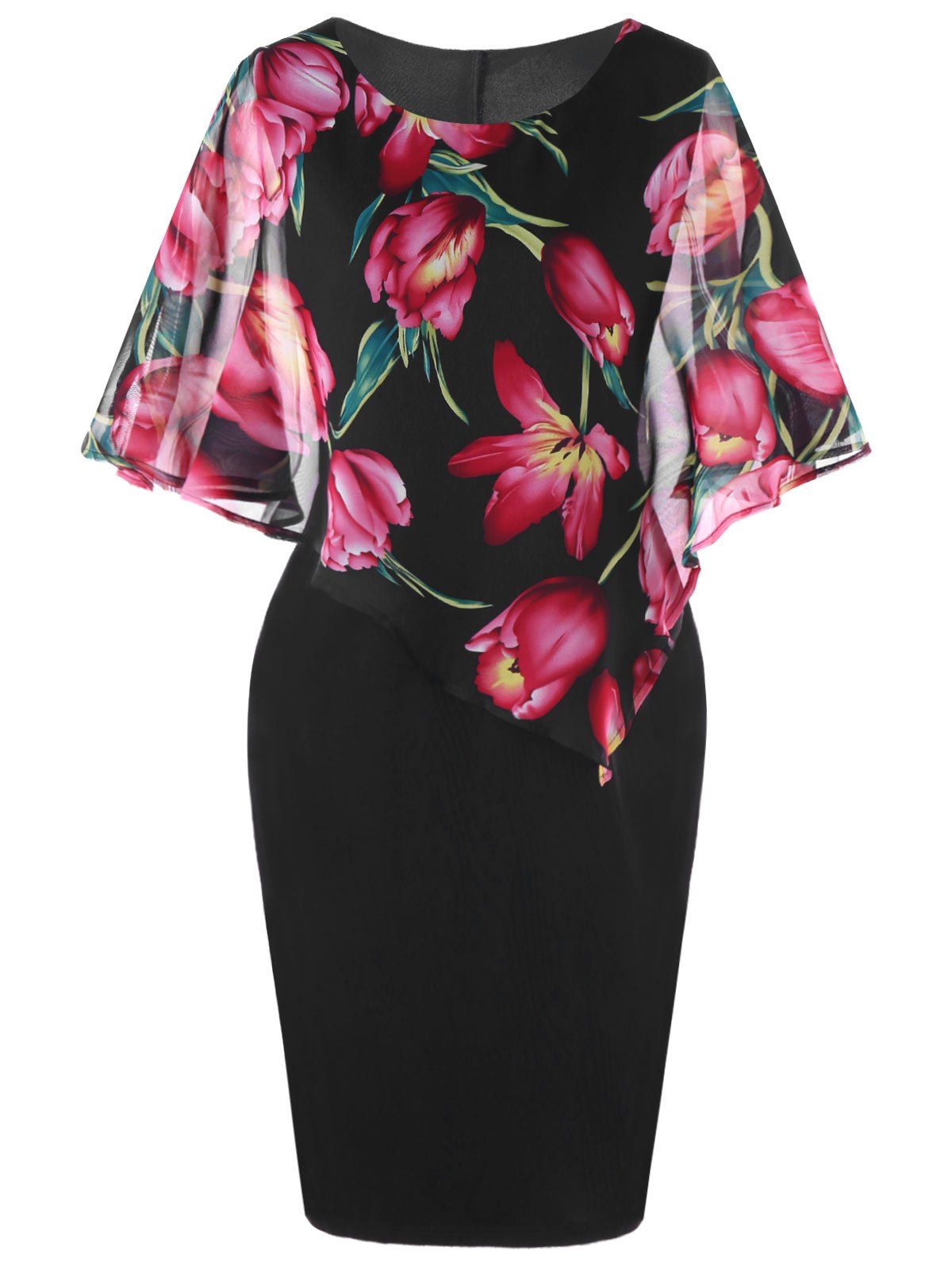 

Flower Print Plus Size Capelet Dress, Black