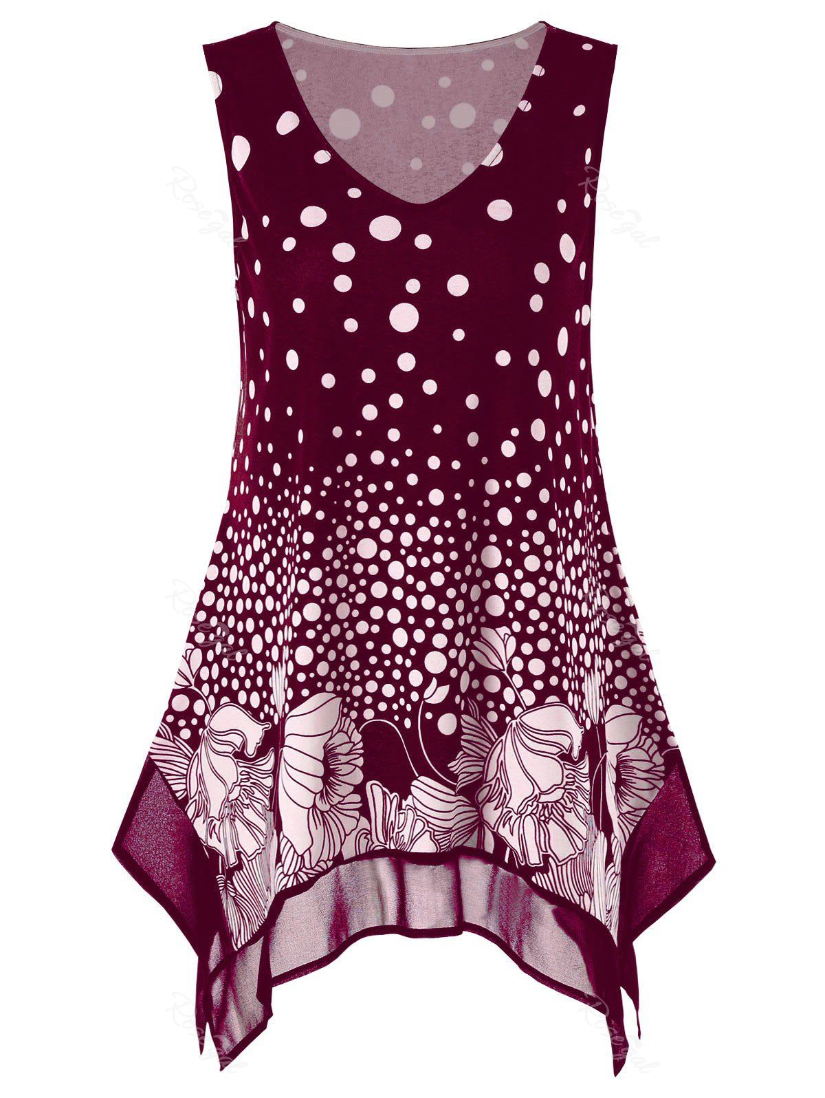 

Plus Size Polka Dot Crescent Hem Tank Top, Wine red