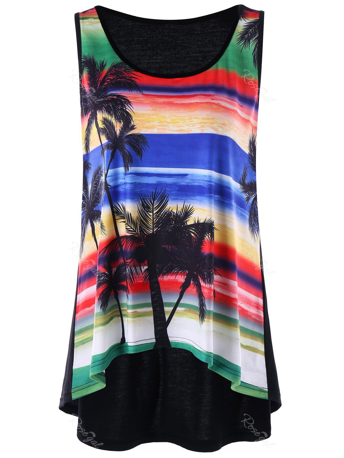 

Plus Size Palm Print High Low Hem Tank Top, Colormix