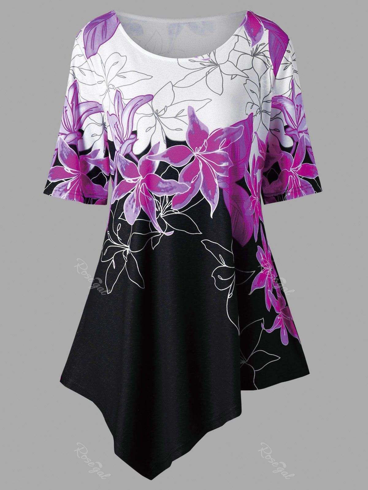 

Plus Size Floral Longline Asymmetric T-shirt, Purple