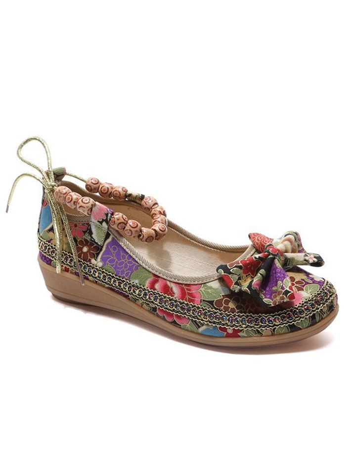 

Ethnic Floral Bowknot Beads Loafers, Black