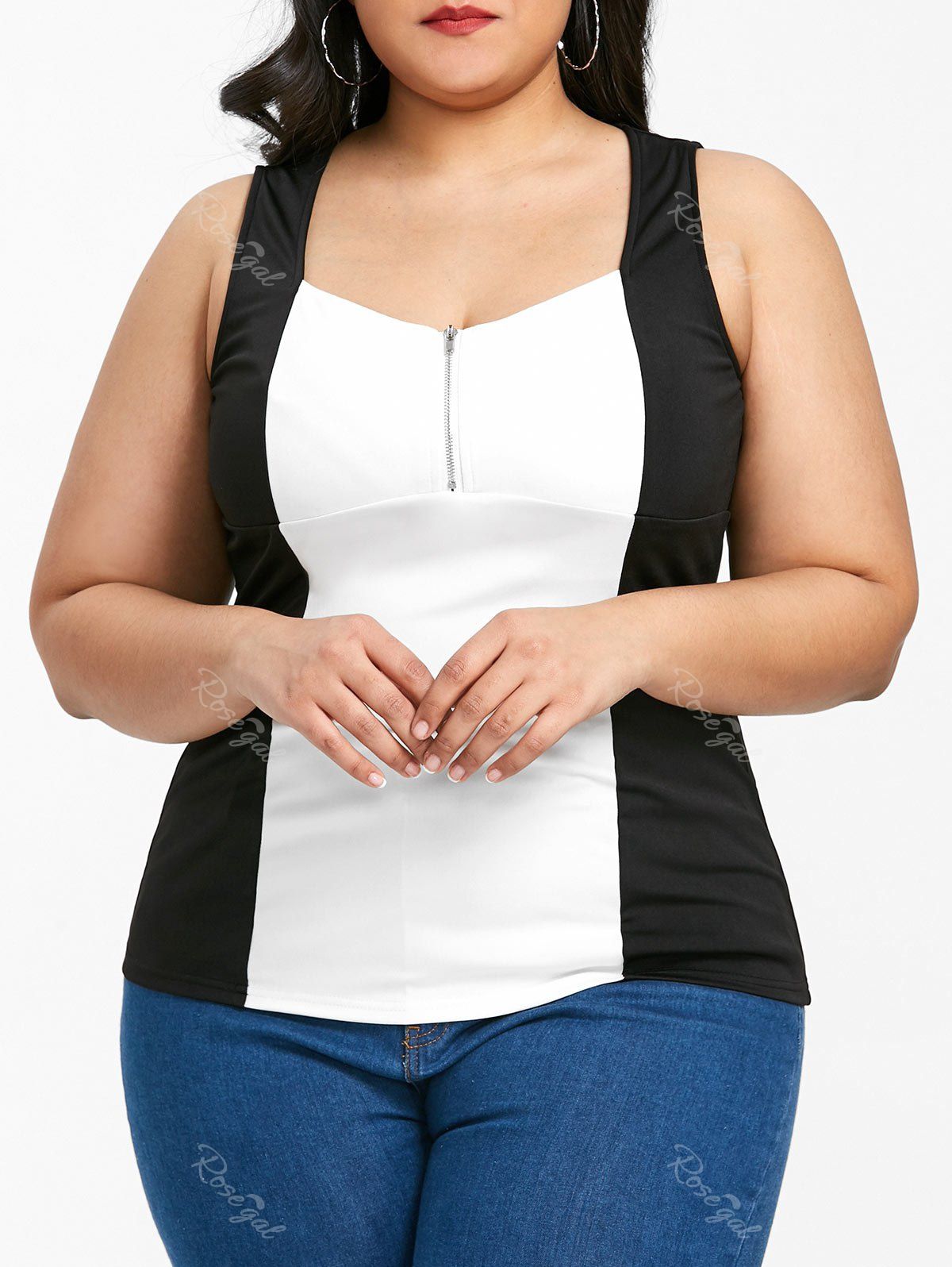 

Plus Size Two Tone Zip Front Sleeveless T-shirt, Black white