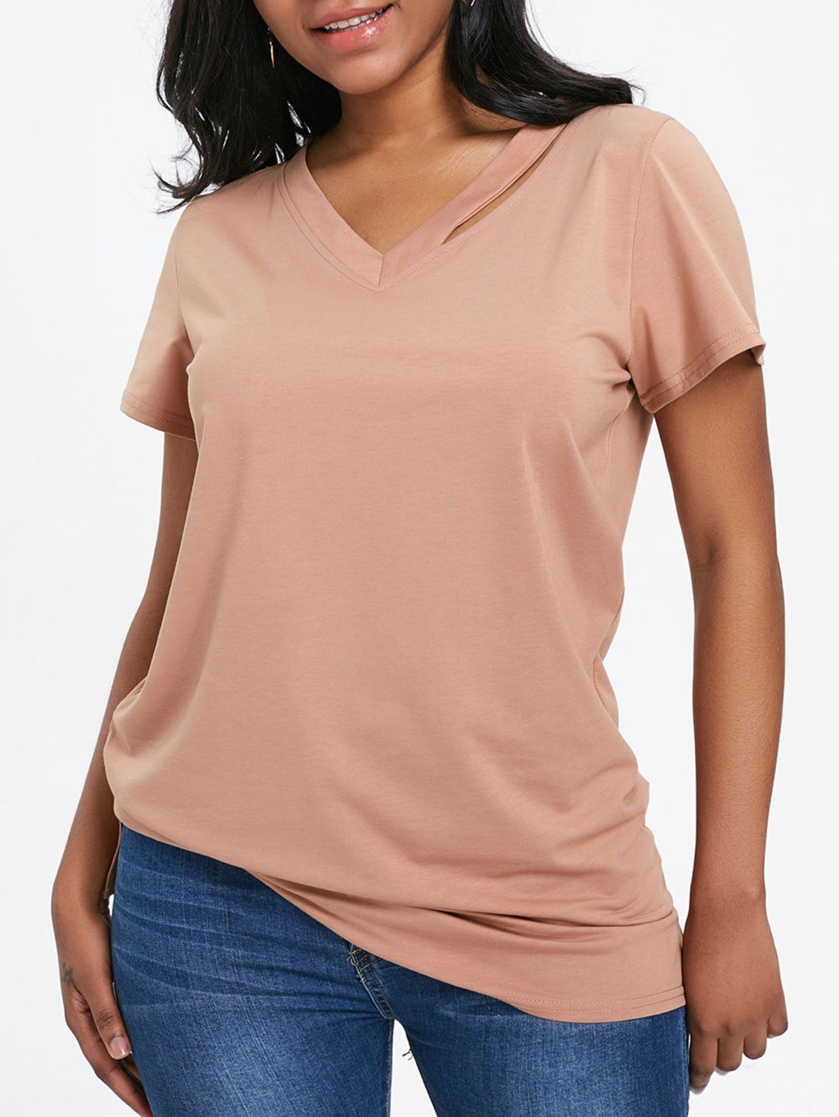 

Slash V Neck Side Slit Tee, Khaki