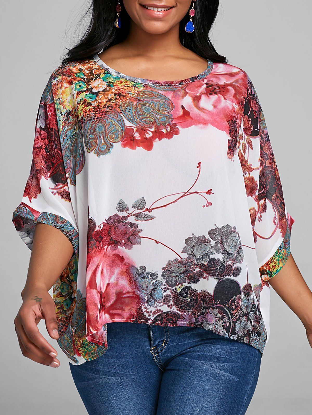 

Batwing Sleeve Floral Chiffon Top, White