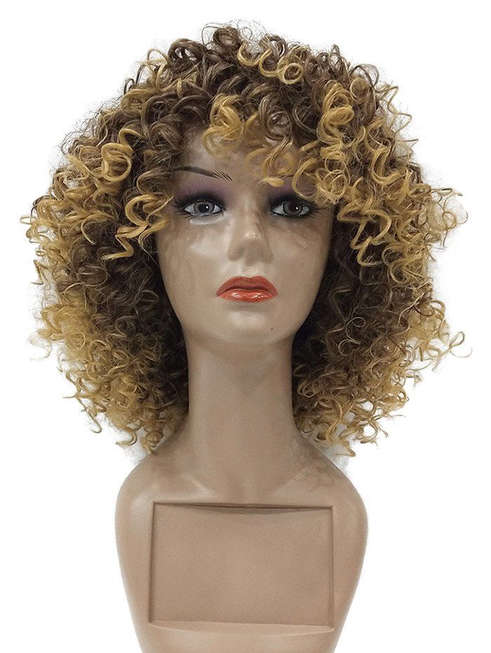 

Medium Colormix Inclined Bang Fluffy Kinky Curly Synthetic Wig, Multi