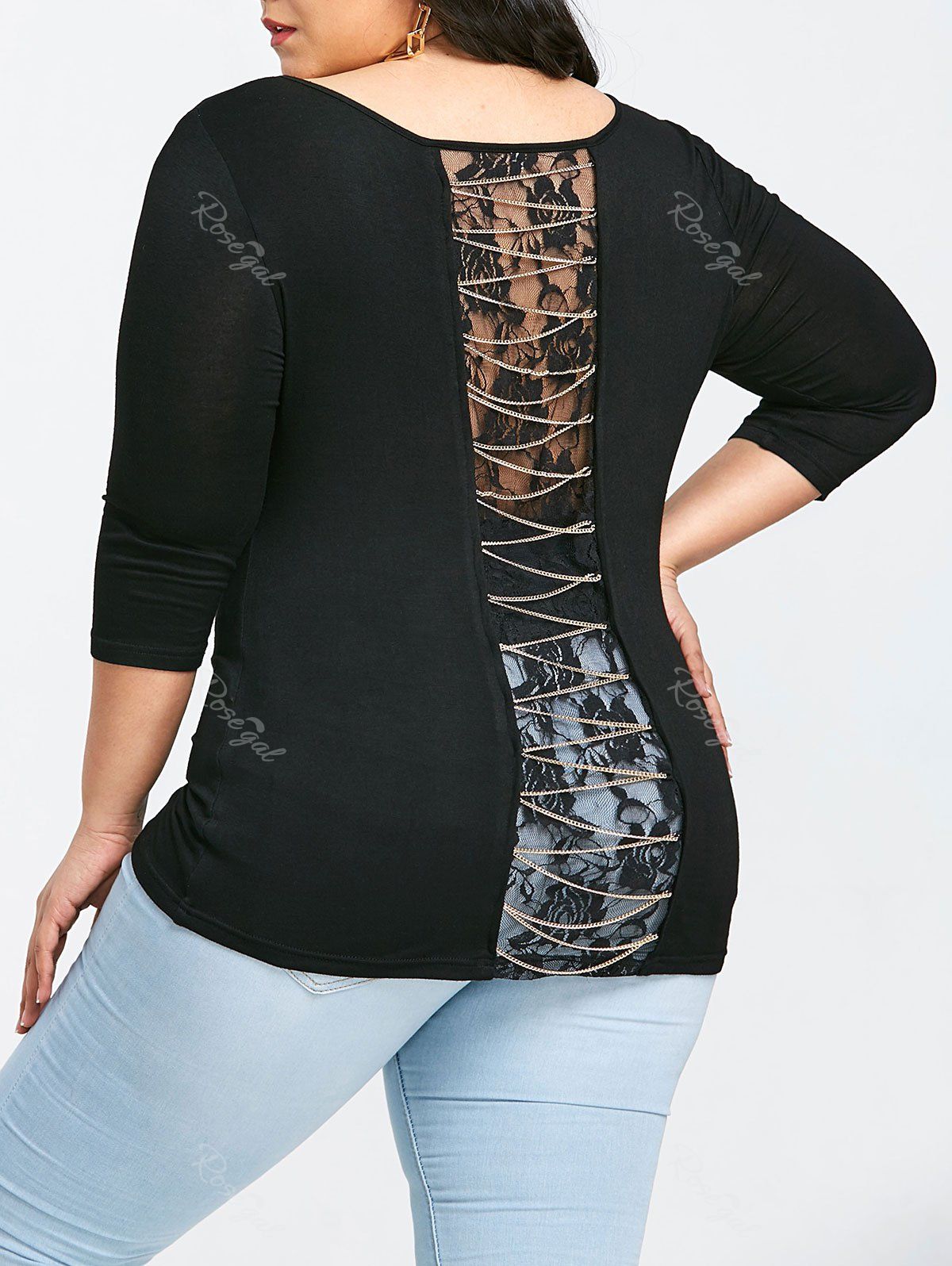 

Empire Waist Lace Panel Chain Plus Size Tee, Black