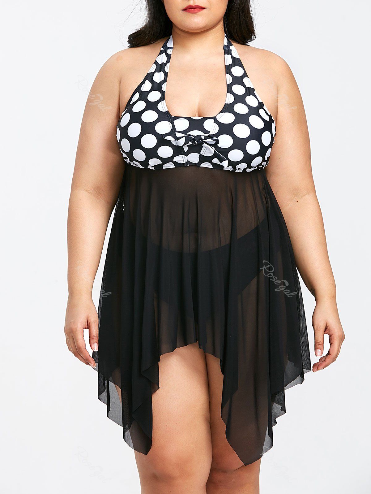 

Plus Size Polka Dot Sheer Handkerchief Tankini Set, Black white