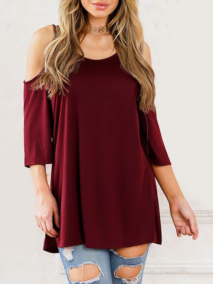 

Cold Shoulder Scoop Neck Tunic T-shirt, Red wine