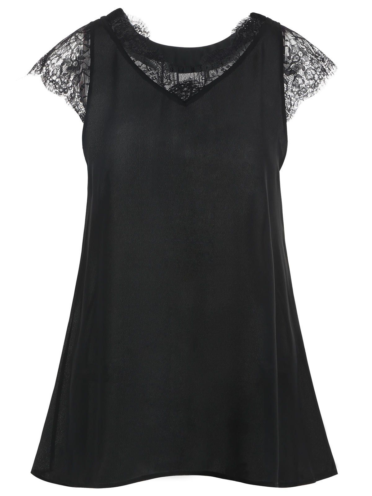 

Scalloped Lace Panel High Low Blouse, Black