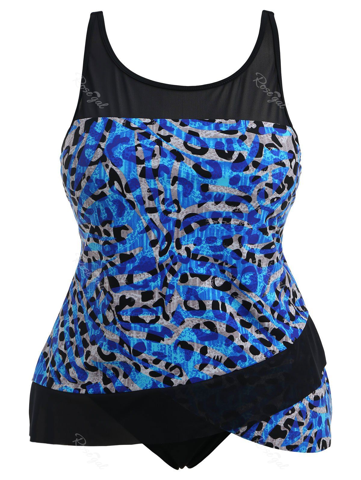 

Plus Size Leopard Mesh Insert Tankini Set, Lake blue