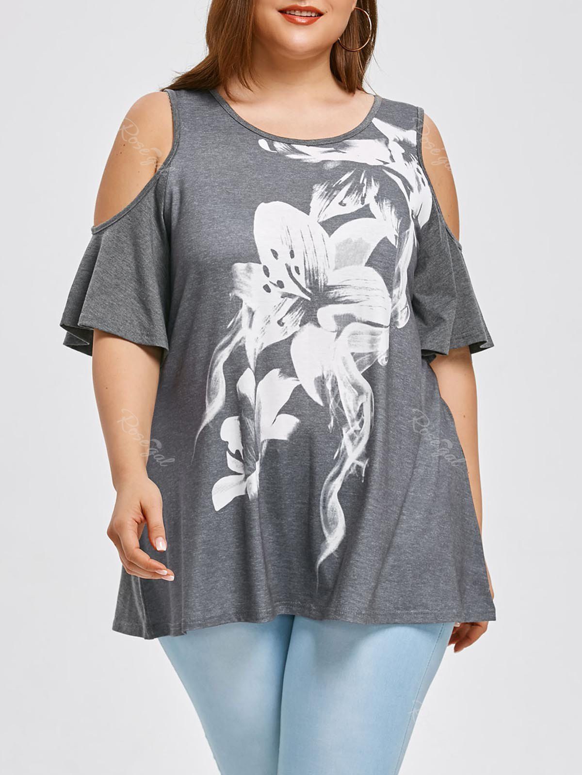 

Plus Size Floral Cold Shoulder T-shirt, Gray