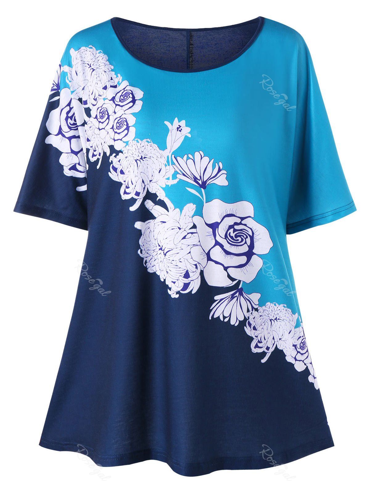 

Plus Size Floral Color Block T-shirt, Blue