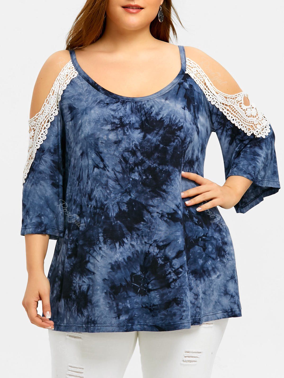 

Plus Size Crochet Cold Shoulder Tie Dye T-shirt, Steel blue