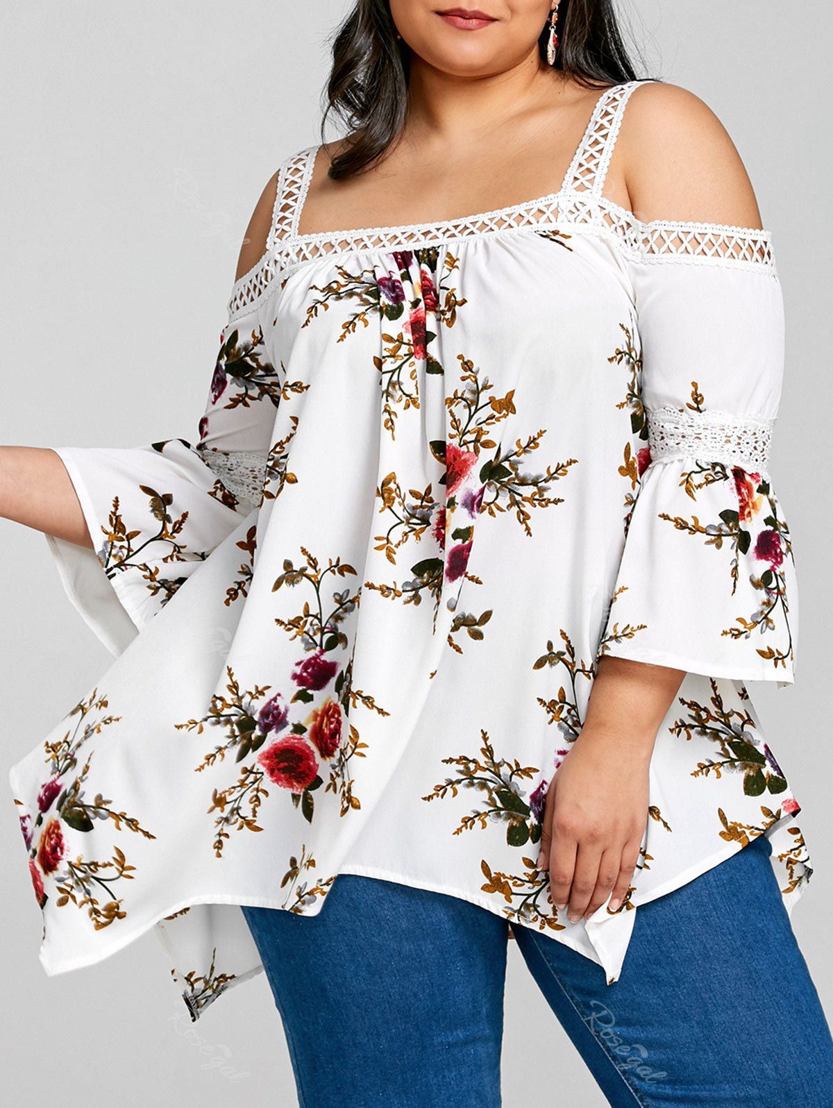 

Cold Shoulder Plus Size Floral Tunic Blouse, White