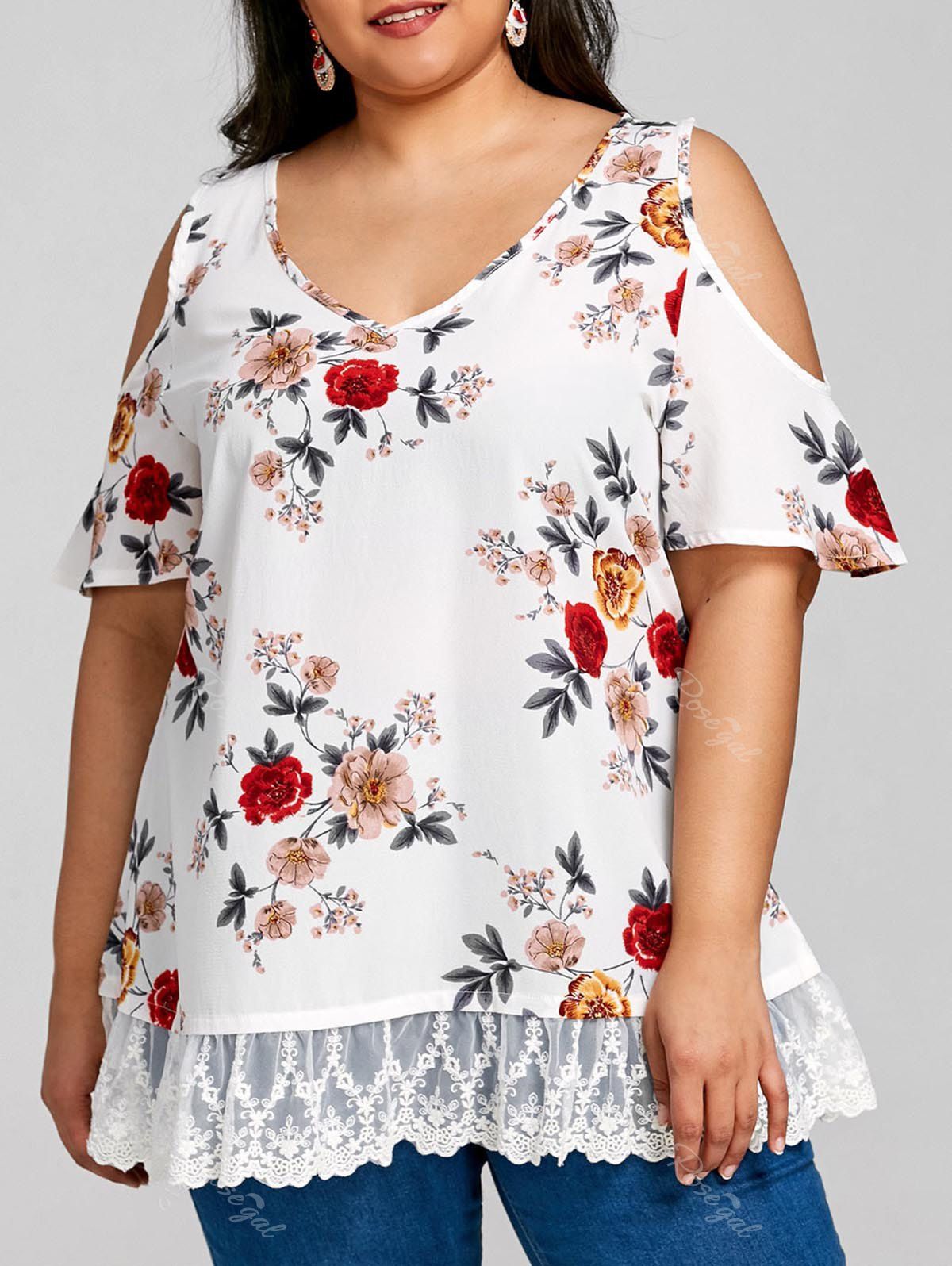 

Lace Trim Cold Shoulder Plus Size Floral Blouse, White