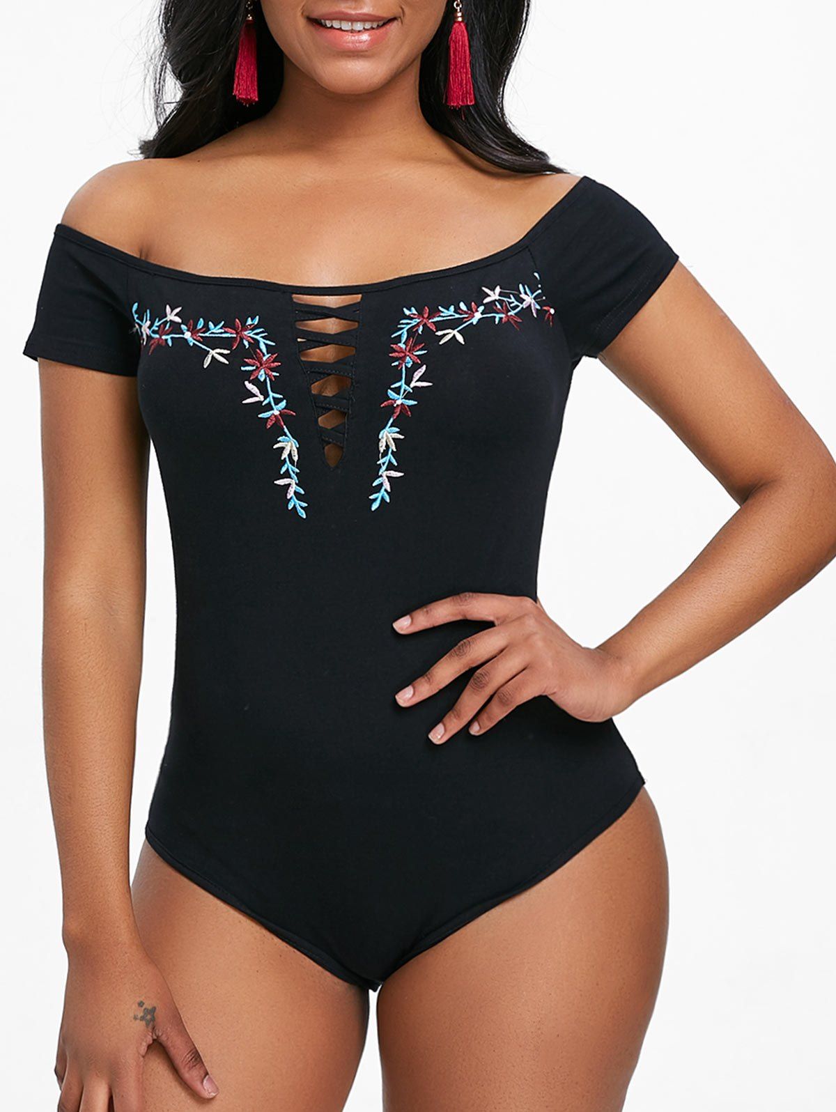 

Off Shoulder Embroidered Cut Out Bodysuit, Black
