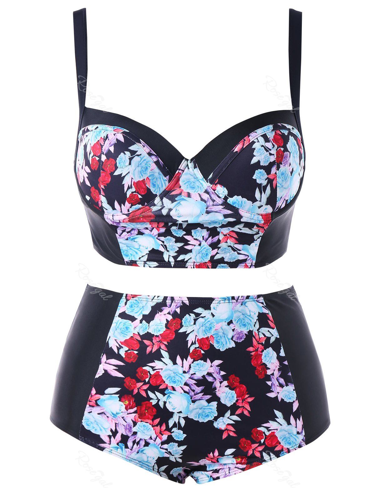 

Floral Print Plus Size High Waisted Bikini, Black