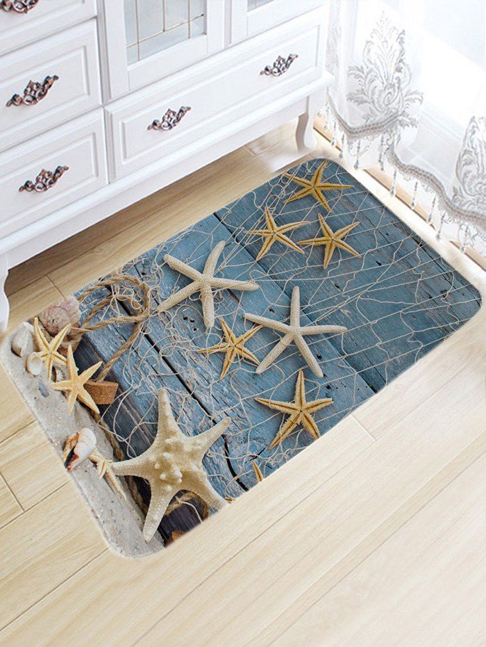 

Starfish Wood Plank Pattern Flannel Bath Mat, Blue